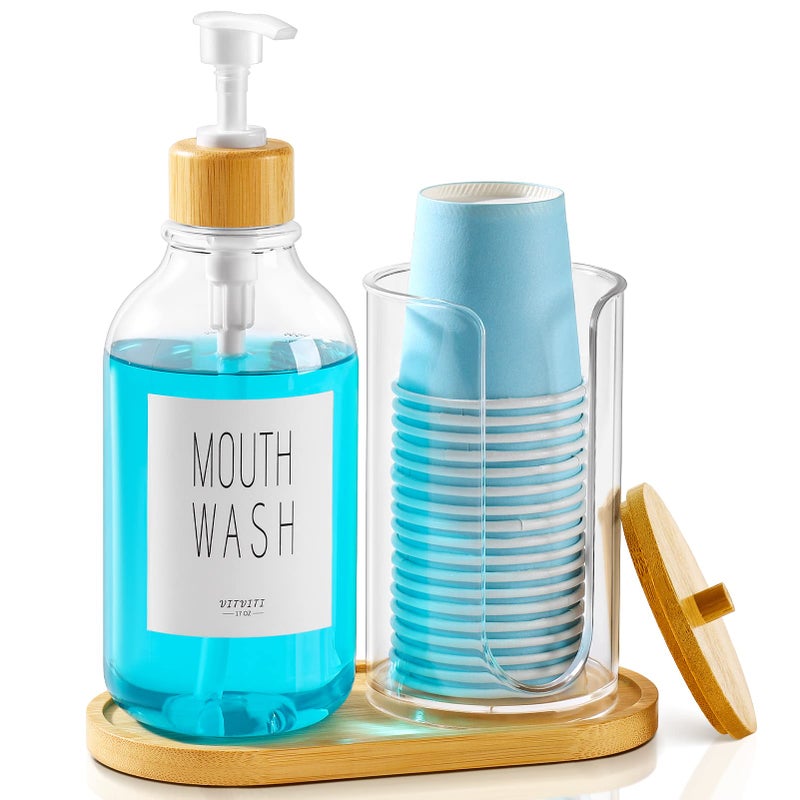 VITVITI Mouthwash Dispenser for Bathroom, Mouth Wash Pump Bottle with Paper Cup Holder, 17Oz Refillable Clear Mouthwash Container with Bamboo Lid/Tray/Label - Image 1